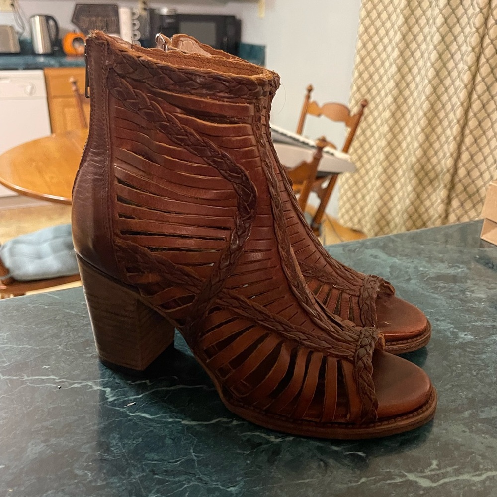 Women’s Brown Braided Peep-Toe Leather Booties